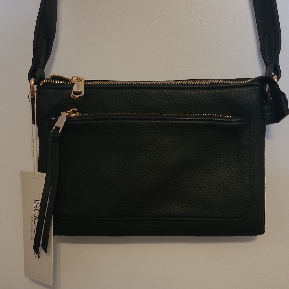 NWT Isabelle Womens Black Vegan Leather Shoulder Bag Multi Pockets